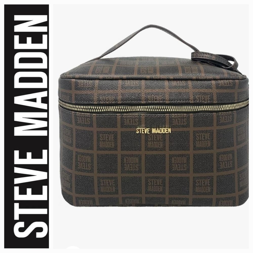 Steve Madden Block Logo Vanity Cosmetic Case w/Detachable mirror- Cognac